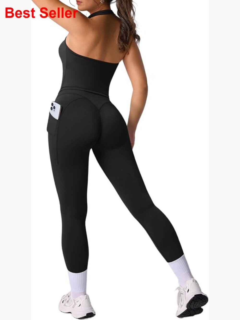 Open Back Halter Tank Top Hidden Scrunch Leggings Workout Set with Pockets